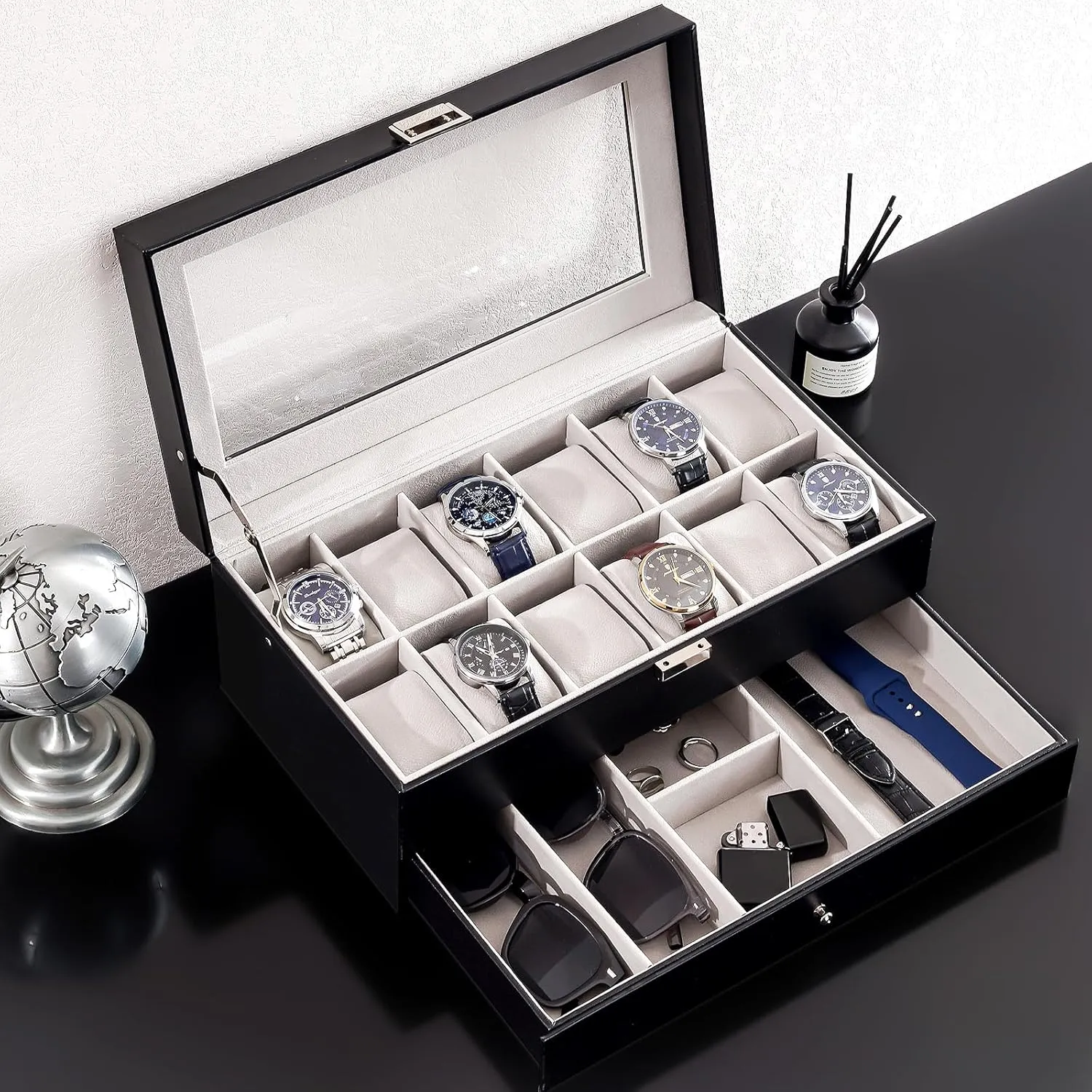ProCase Watch Box for Men, 12 Slot Mens Watch Case With Drawer, Watch Display Case With Glass Lid, 2-Layer Watch Holder Organizer, Jewelry and Watch Storage for Men Women -12Slot, Black