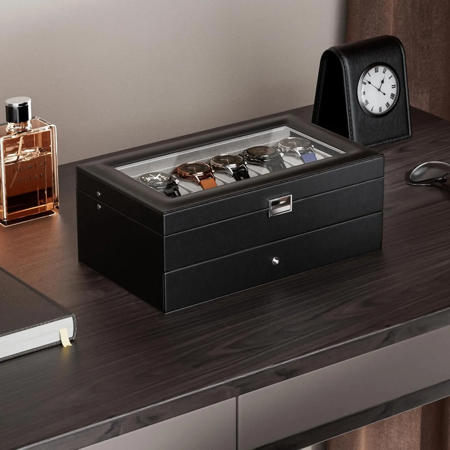 ProCase Watch Box for Men, 12 Slot Mens Watch Case With Drawer, Watch Display Case With Glass Lid, 2-Layer Watch Holder Organizer, Jewelry and Watch Storage for Men Women -12Slot, Black