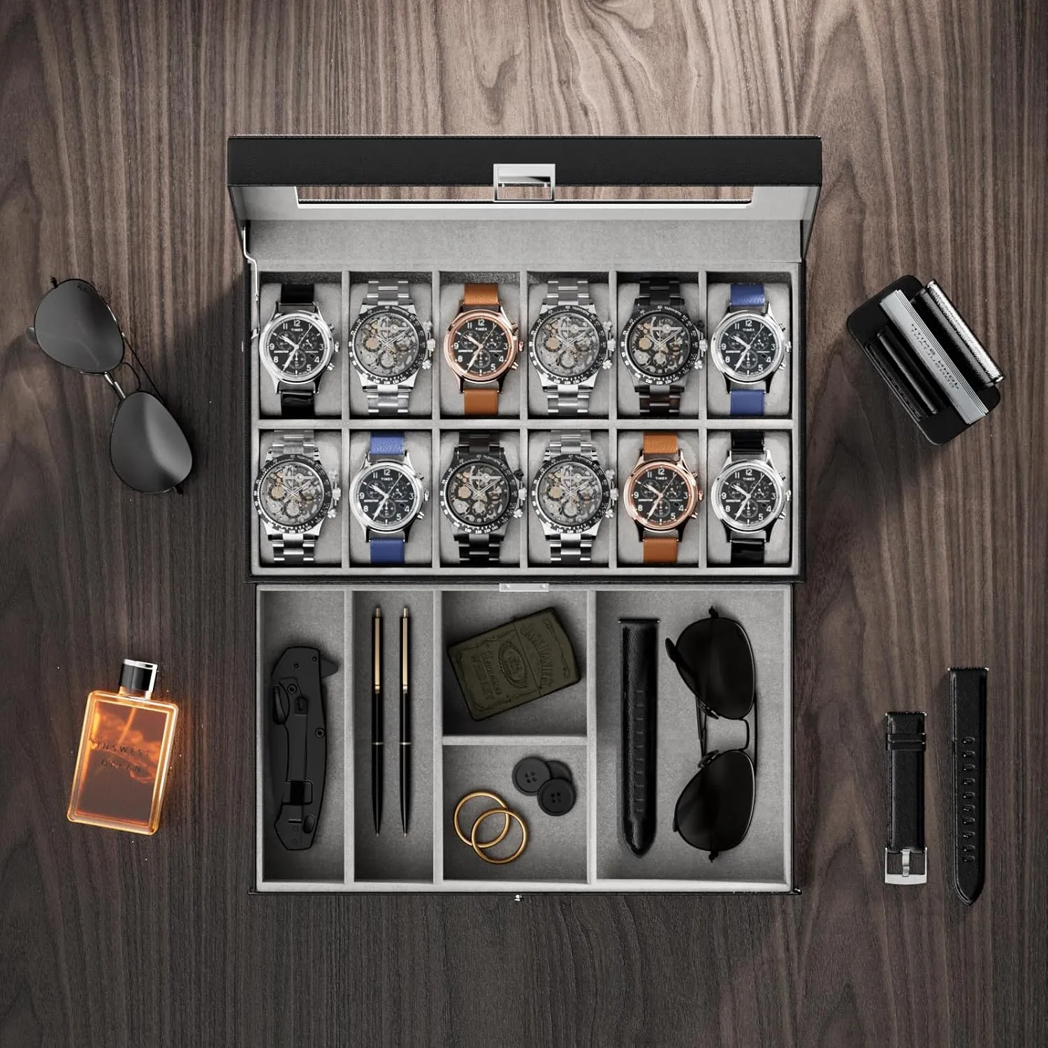 ProCase Watch Box for Men, 12 Slot Mens Watch Case With Drawer, Watch Display Case With Glass Lid, 2-Layer Watch Holder Organizer, Jewelry and Watch Storage for Men Women -12Slot, Black