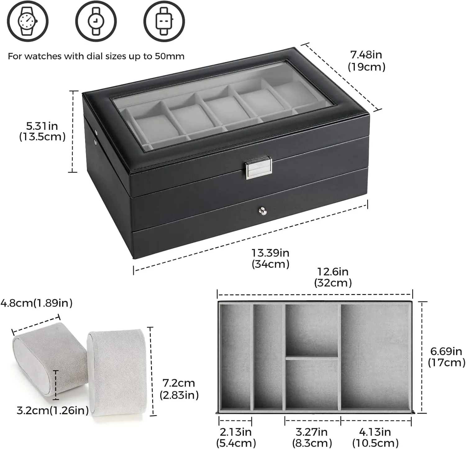 ProCase Watch Box for Men, 12 Slot Mens Watch Case With Drawer, Watch Display Case With Glass Lid, 2-Layer Watch Holder Organizer, Jewelry and Watch Storage for Men Women -12Slot, Black