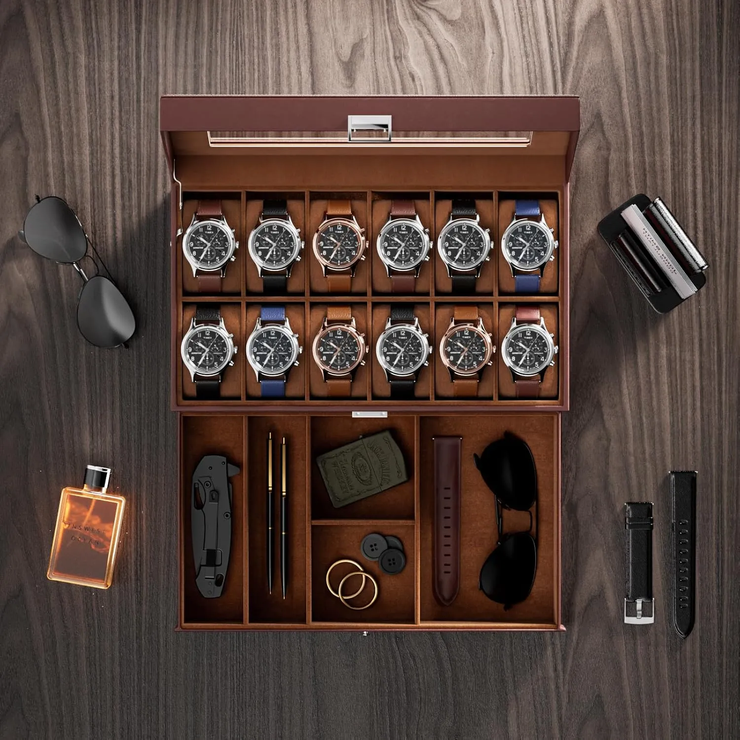ProCase Watch Box for Men, 12 Slot Mens Watch Case With Drawer, Watch Display Case With Glass Lid, 2-Layer Watch Holder Organizer, Jewelry and Watch Storage for Men Women -12Slot, Espresso