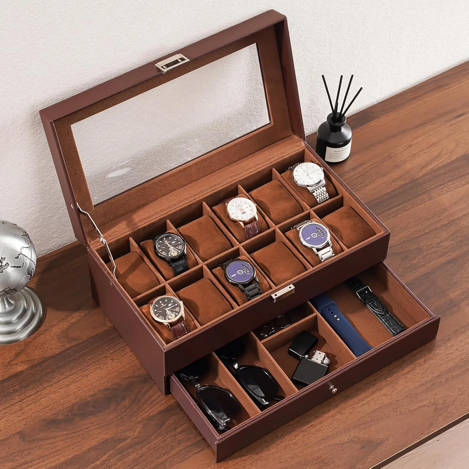 ProCase Watch Box for Men, 12 Slot Mens Watch Case With Drawer, Watch Display Case With Glass Lid, 2-Layer Watch Holder Organizer, Jewelry and Watch Storage for Men Women -12Slot, Espresso