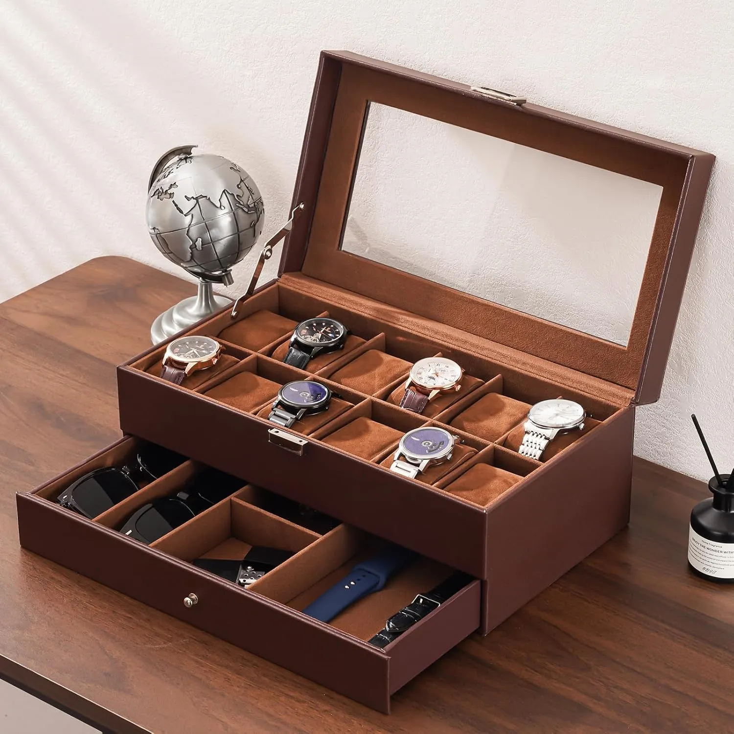 ProCase Watch Box for Men, 12 Slot Mens Watch Case With Drawer, Watch Display Case With Glass Lid, 2-Layer Watch Holder Organizer, Jewelry and Watch Storage for Men Women -12Slot, Espresso