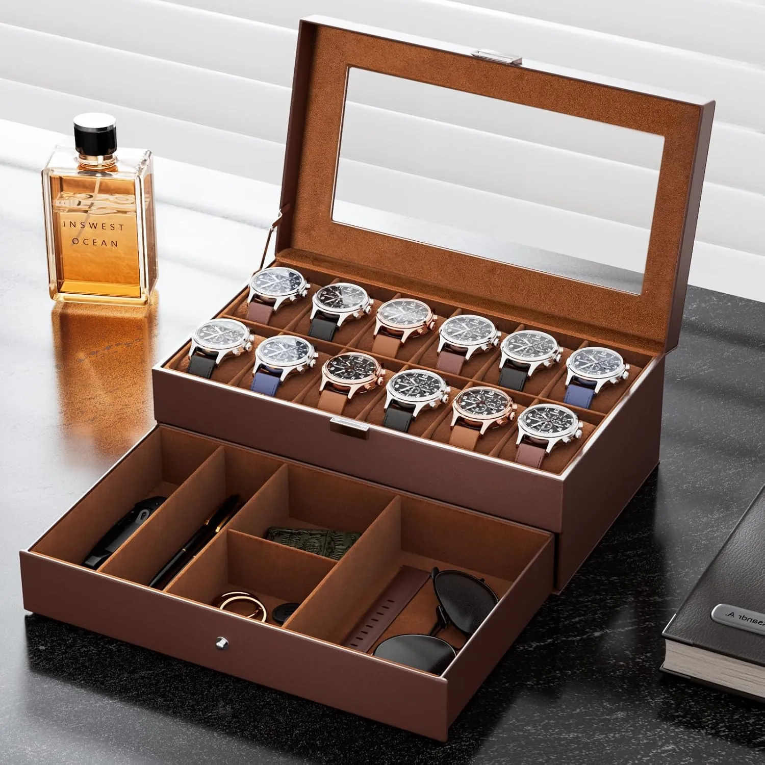 ProCase Watch Box for Men, 12 Slot Mens Watch Case With Drawer, Watch Display Case With Glass Lid, 2-Layer Watch Holder Organizer, Jewelry and Watch Storage for Men Women -12Slot, Espresso