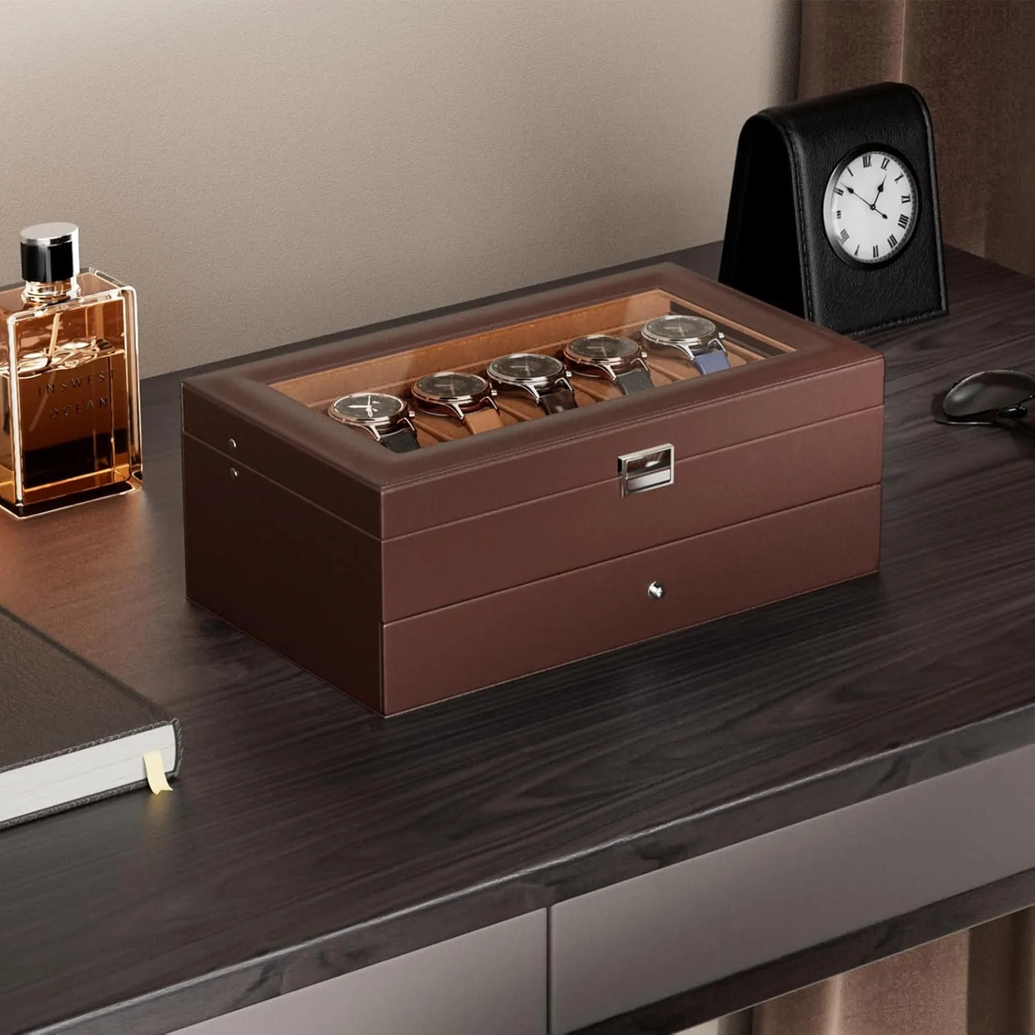 ProCase Watch Box for Men, 12 Slot Mens Watch Case With Drawer, Watch Display Case With Glass Lid, 2-Layer Watch Holder Organizer, Jewelry and Watch Storage for Men Women -12Slot, Espresso