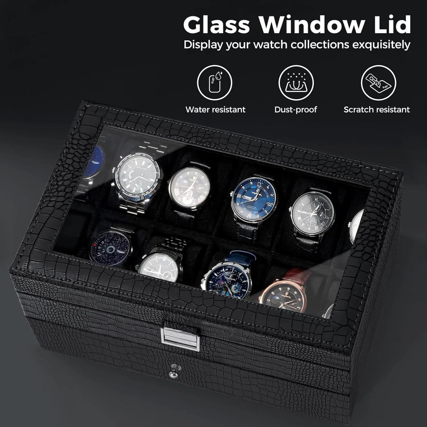 ProCase Watch Box for Men, 12 Slot Mens Watch Case With Drawer, Watch Display Case With Glass Lid, 2-Layer Watch Holder Organizer, Jewelry and Watch Storage for Men Women -12Slot, LizardBlack