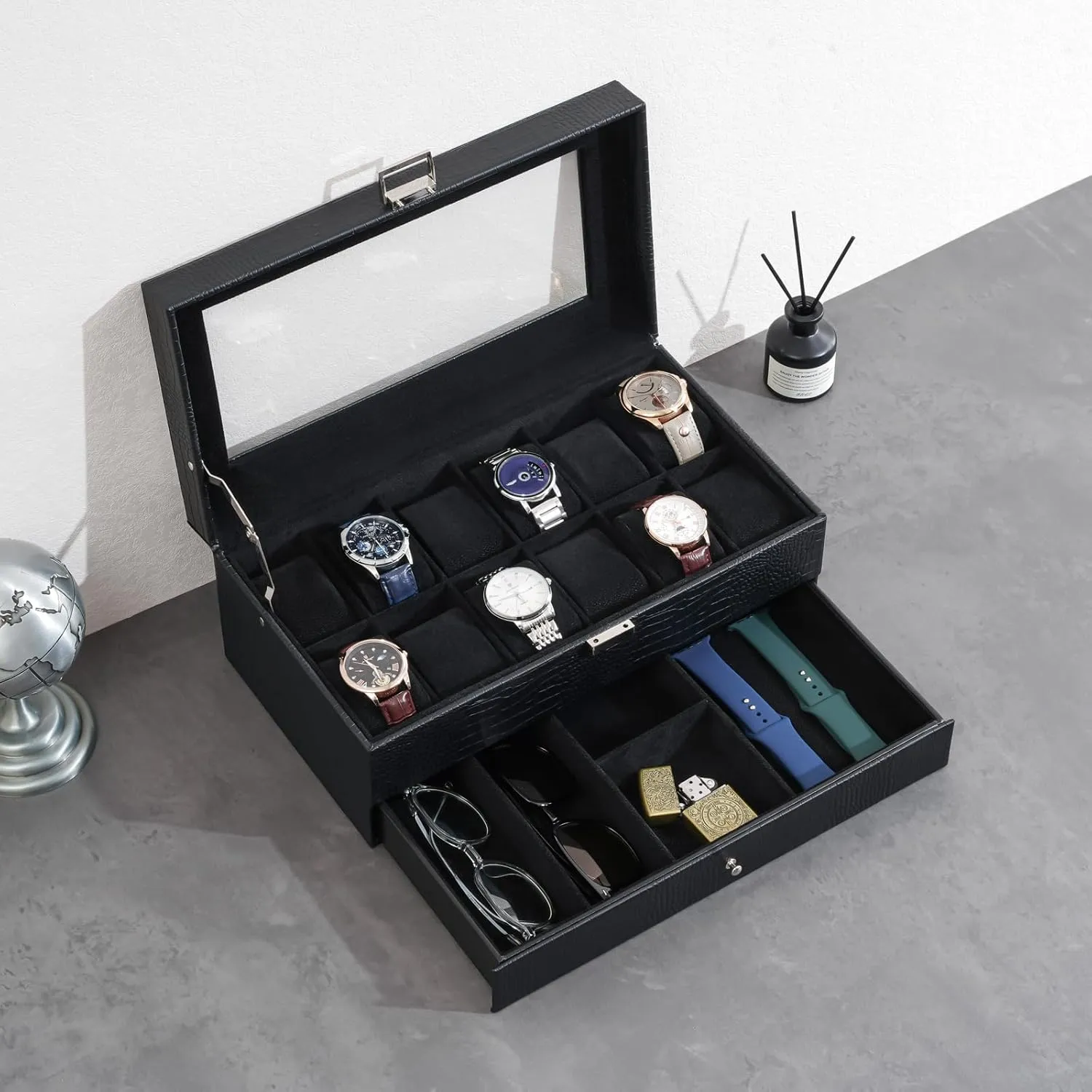 ProCase Watch Box for Men, 12 Slot Mens Watch Case With Drawer, Watch Display Case With Glass Lid, 2-Layer Watch Holder Organizer, Jewelry and Watch Storage for Men Women -12Slot, LizardBlack