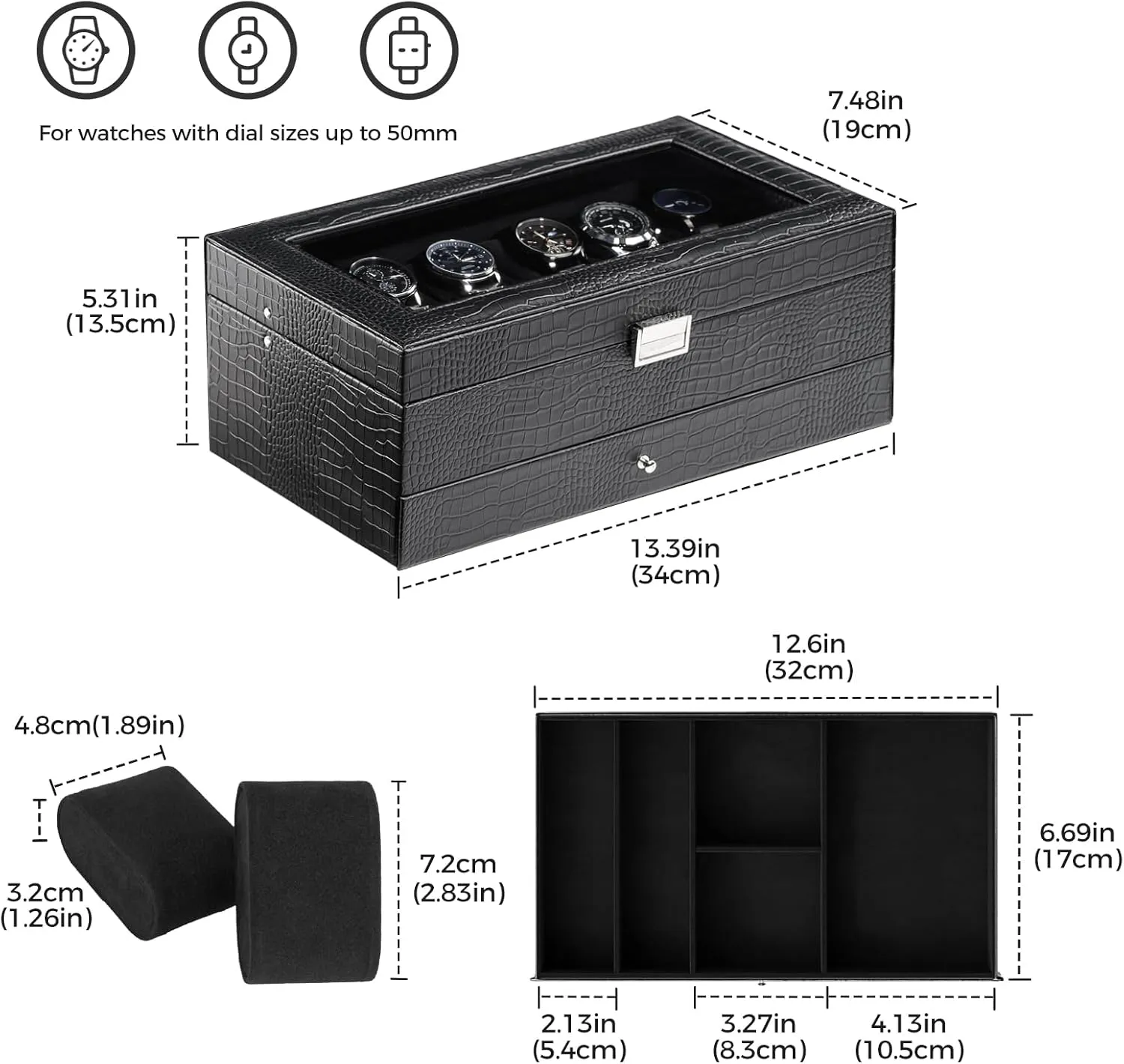 ProCase Watch Box for Men, 12 Slot Mens Watch Case With Drawer, Watch Display Case With Glass Lid, 2-Layer Watch Holder Organizer, Jewelry and Watch Storage for Men Women -12Slot, LizardBlack