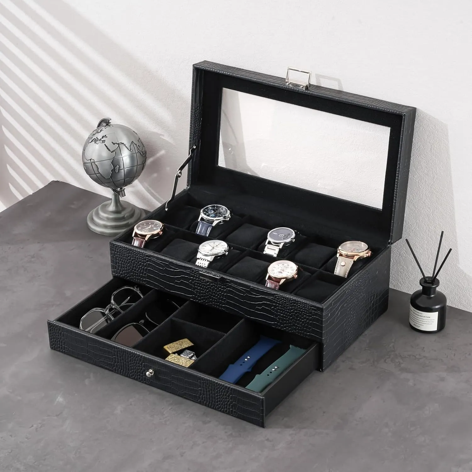 ProCase Watch Box for Men, 12 Slot Mens Watch Case With Drawer, Watch Display Case With Glass Lid, 2-Layer Watch Holder Organizer, Jewelry and Watch Storage for Men Women -12Slot, LizardBlack