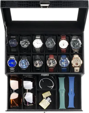 ProCase Watch Box for Men, 12 Slot Mens Watch Case With Drawer, Watch Display Case With Glass Lid, 2-Layer Watch Holder Organizer, Jewelry and Watch Storage for Men Women -12Slot, LizardBlack
