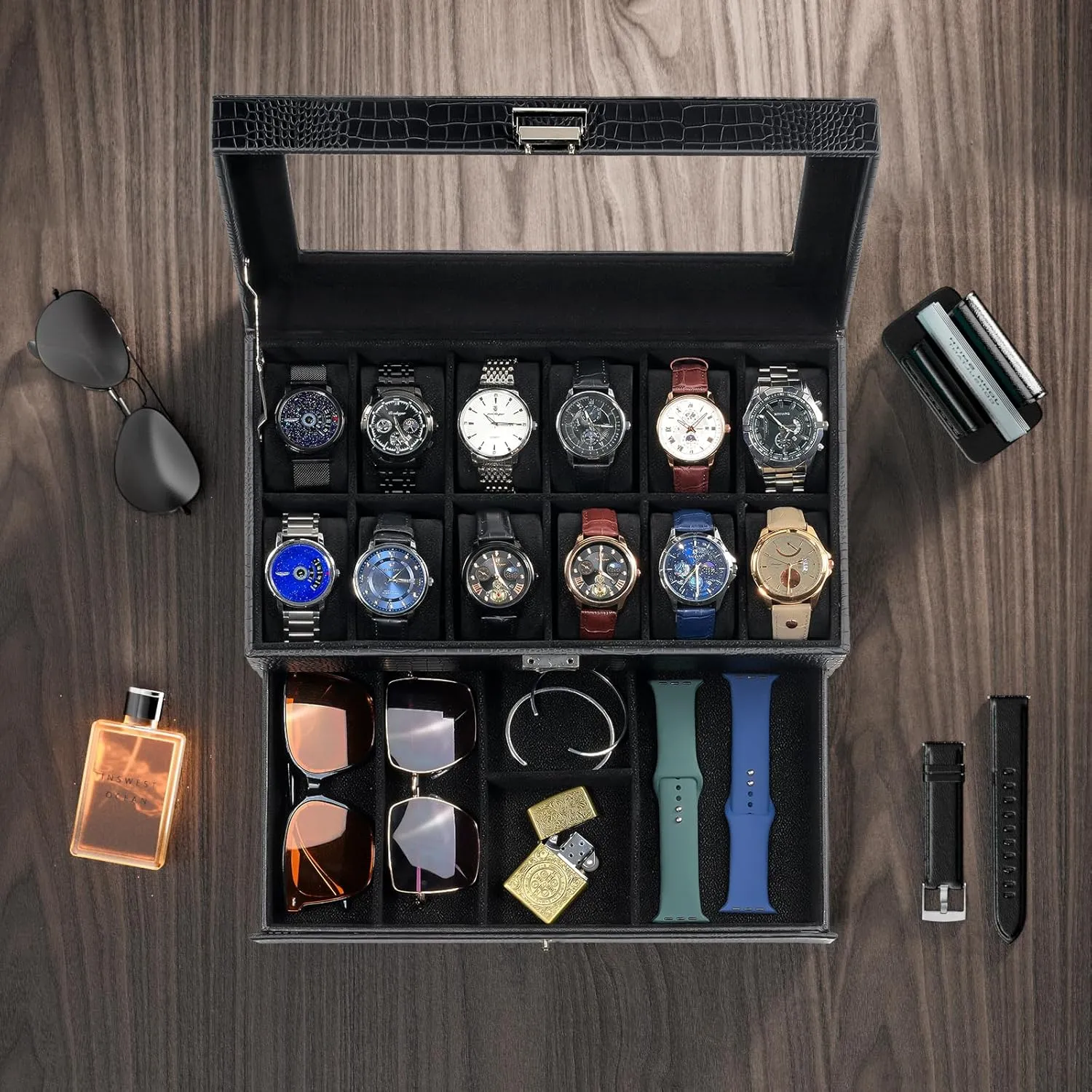 ProCase Watch Box for Men, 12 Slot Mens Watch Case With Drawer, Watch Display Case With Glass Lid, 2-Layer Watch Holder Organizer, Jewelry and Watch Storage for Men Women -12Slot, LizardBlack