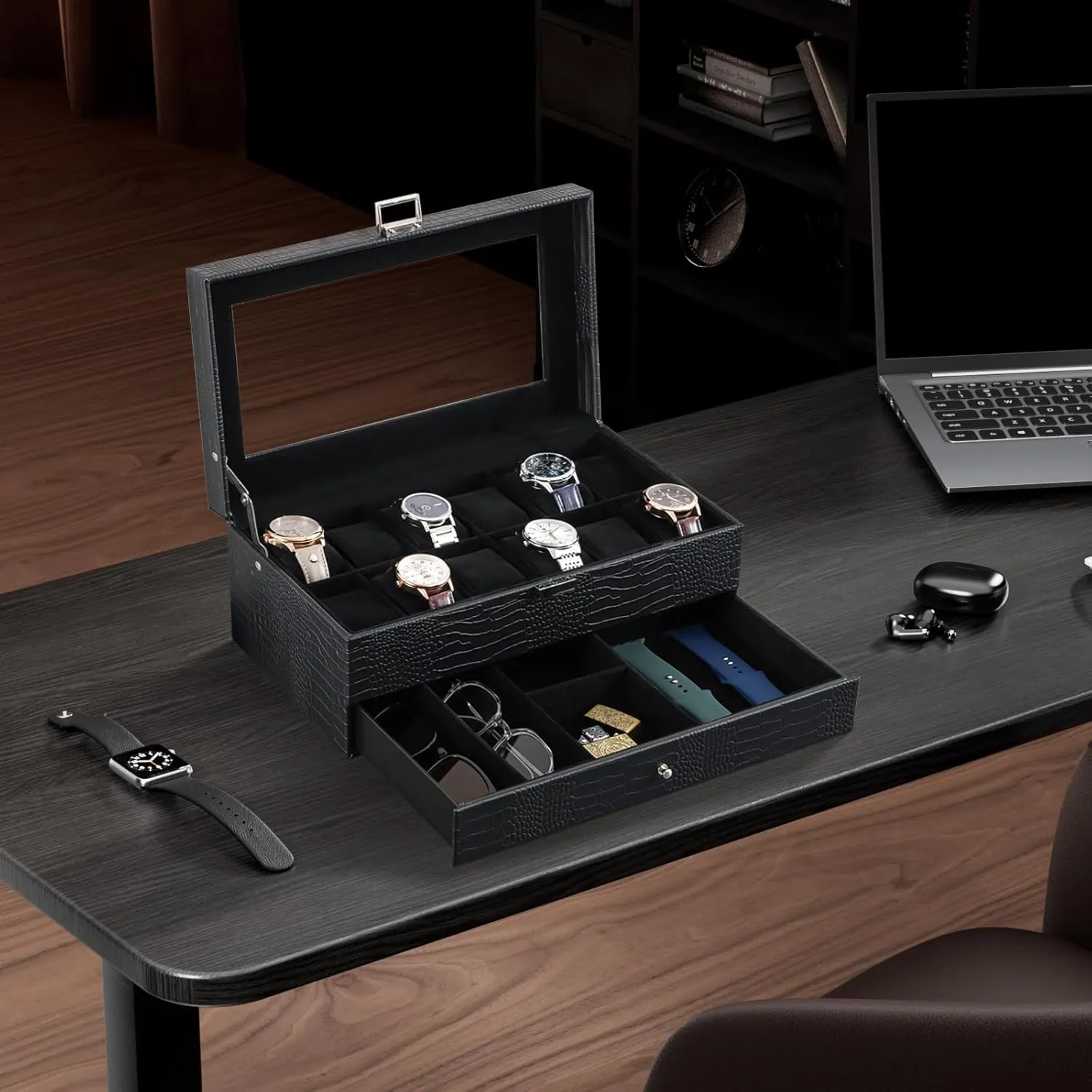 ProCase Watch Box for Men, 12 Slot Mens Watch Case With Drawer, Watch Display Case With Glass Lid, 2-Layer Watch Holder Organizer, Jewelry and Watch Storage for Men Women -12Slot, LizardBlack