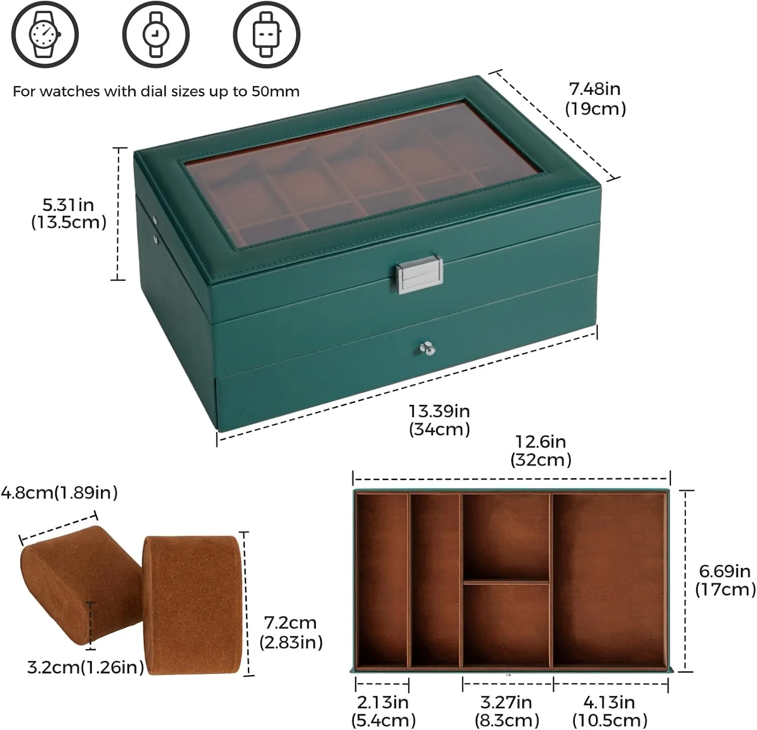 ProCase Watch Box for Men, 12 Slot Mens Watch Case With Drawer, Watch Display Case With Glass Lid, 2-Layer Watch Holder Organizer, Jewelry and Watch Storage for Men Women -12Slot, MidnightGreen