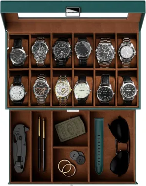 ProCase Watch Box for Men, 12 Slot Mens Watch Case With Drawer, Watch Display Case With Glass Lid, 2-Layer Watch Holder Organizer, Jewelry and Watch Storage for Men Women -12Slot, MidnightGreen