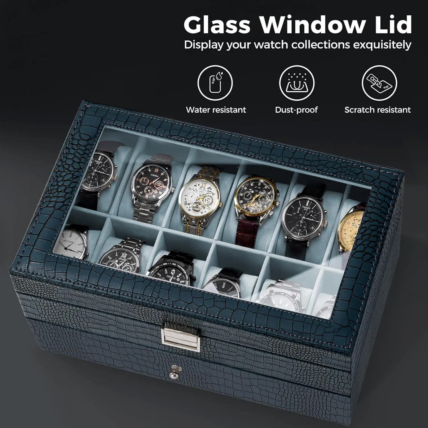 ProCase Watch Box for Men, 12 Slot Mens Watch Case With Drawer, Watch Display Case With Glass Lid, 2-Layer Watch Holder Organizer, Jewelry and Watch Storage for Men Women -12Slot, MidnightGreen