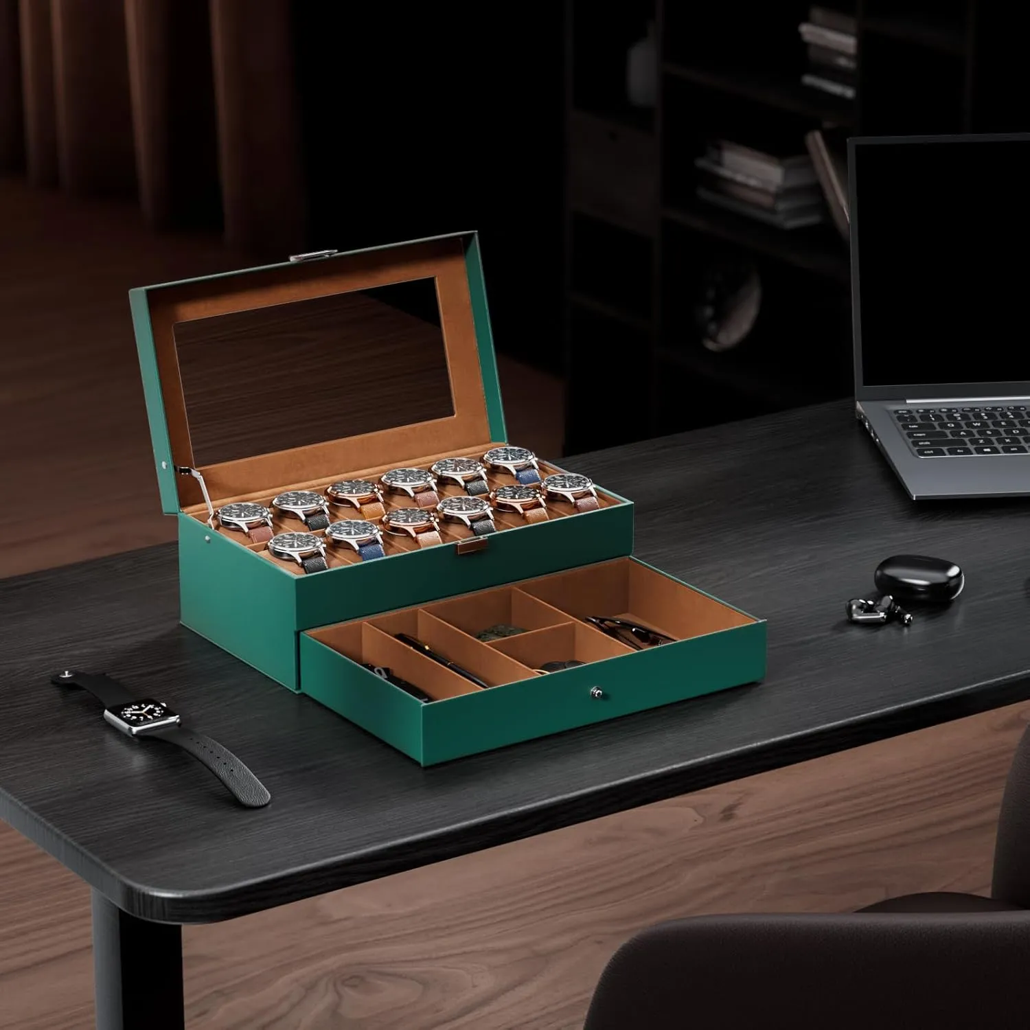 ProCase Watch Box for Men, 12 Slot Mens Watch Case With Drawer, Watch Display Case With Glass Lid, 2-Layer Watch Holder Organizer, Jewelry and Watch Storage for Men Women -12Slot, MidnightGreen