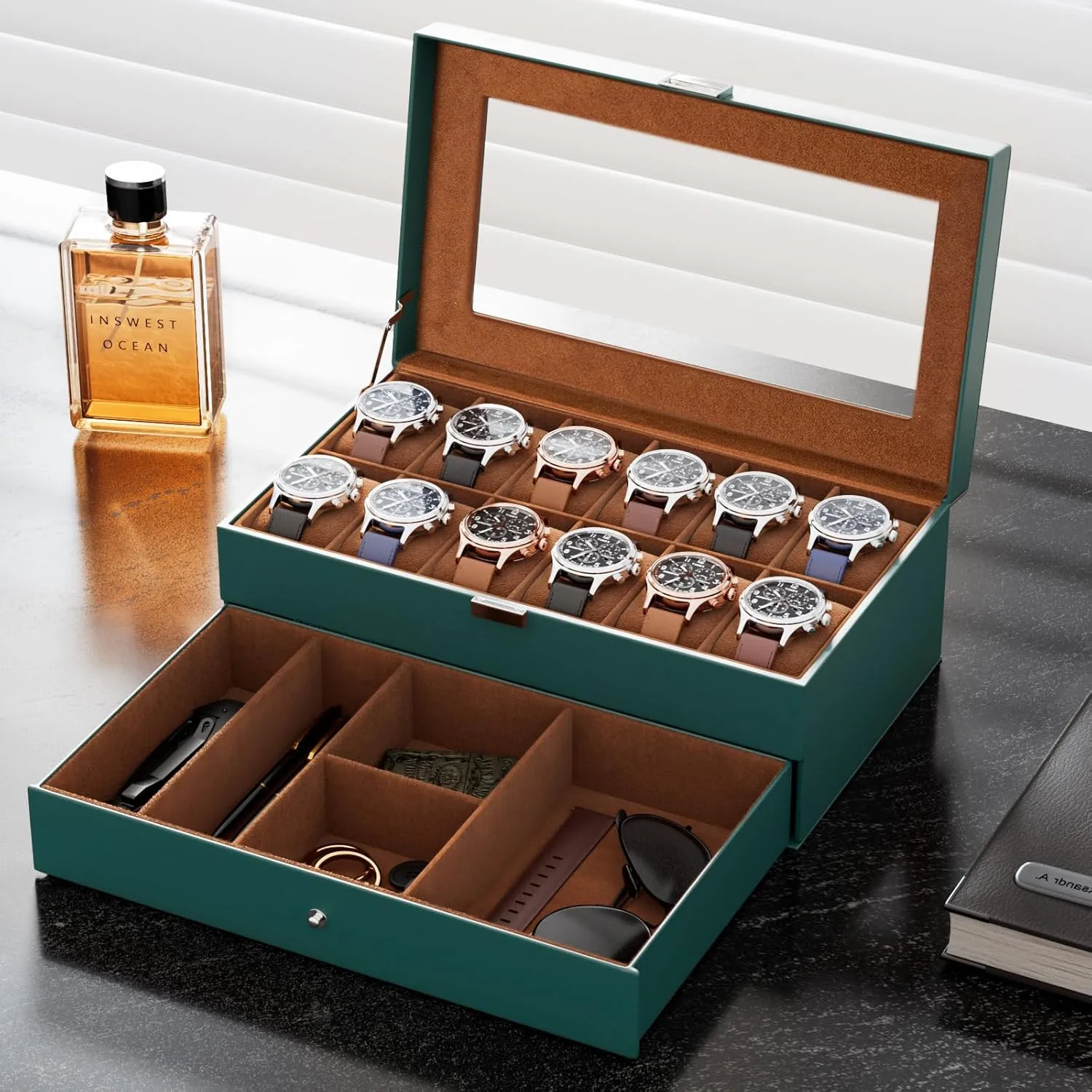 ProCase Watch Box for Men, 12 Slot Mens Watch Case With Drawer, Watch Display Case With Glass Lid, 2-Layer Watch Holder Organizer, Jewelry and Watch Storage for Men Women -12Slot, MidnightGreen