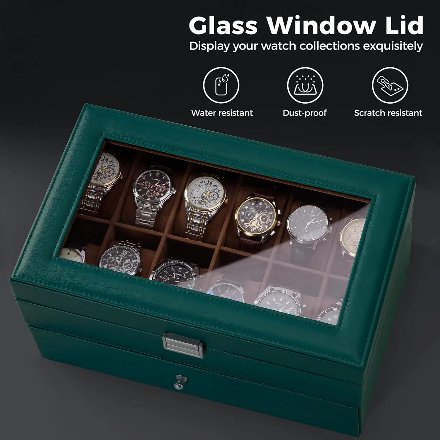 ProCase Watch Box for Men, 12 Slot Mens Watch Case With Drawer, Watch Display Case With Glass Lid, 2-Layer Watch Holder Organizer, Jewelry and Watch Storage for Men Women -12Slot, MidnightGreen