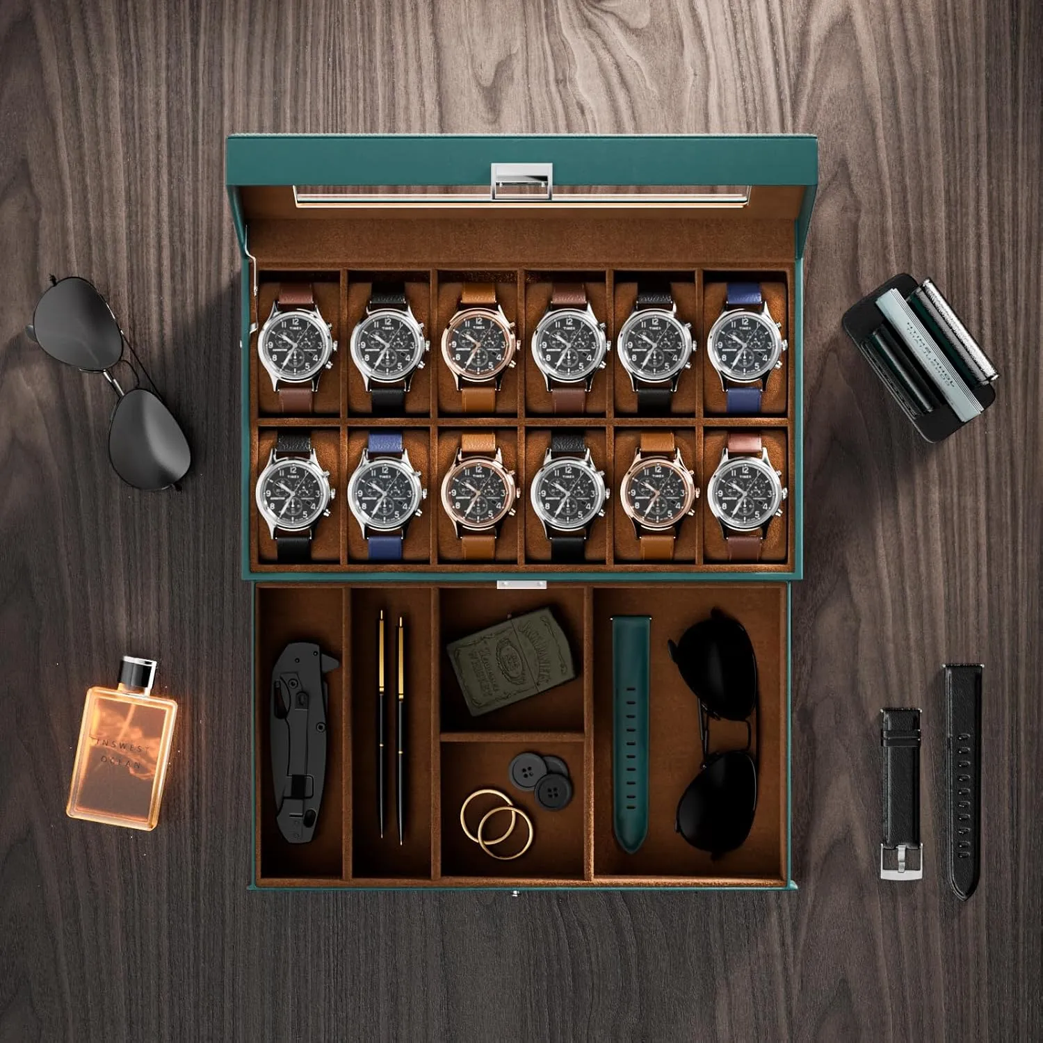ProCase Watch Box for Men, 12 Slot Mens Watch Case With Drawer, Watch Display Case With Glass Lid, 2-Layer Watch Holder Organizer, Jewelry and Watch Storage for Men Women -12Slot, MidnightGreen