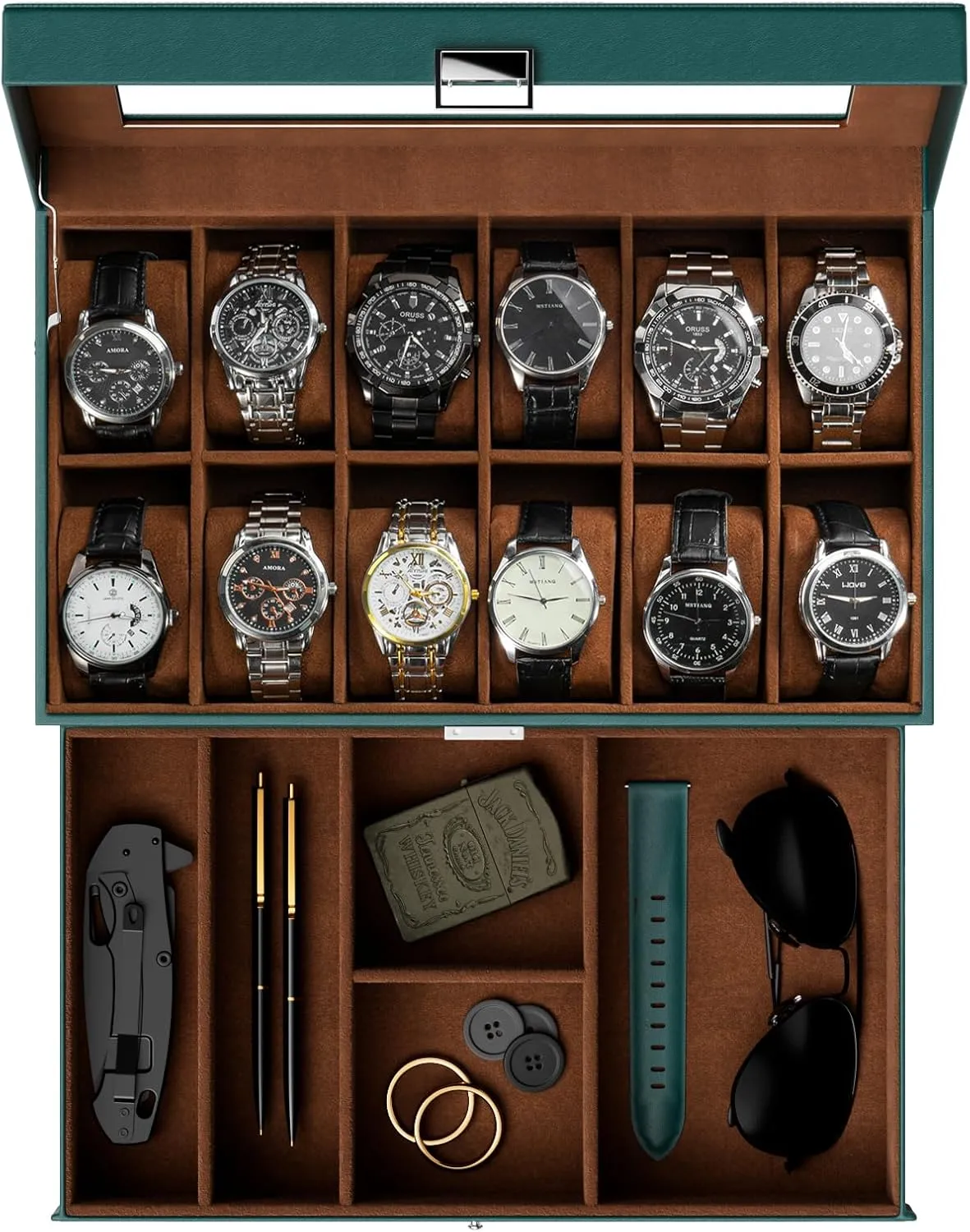 ProCase Watch Box for Men, 12 Slot Mens Watch Case With Drawer, Watch Display Case With Glass Lid, 2-Layer Watch Holder Organizer, Jewelry and Watch Storage for Men Women -12Slot, MidnightGreen