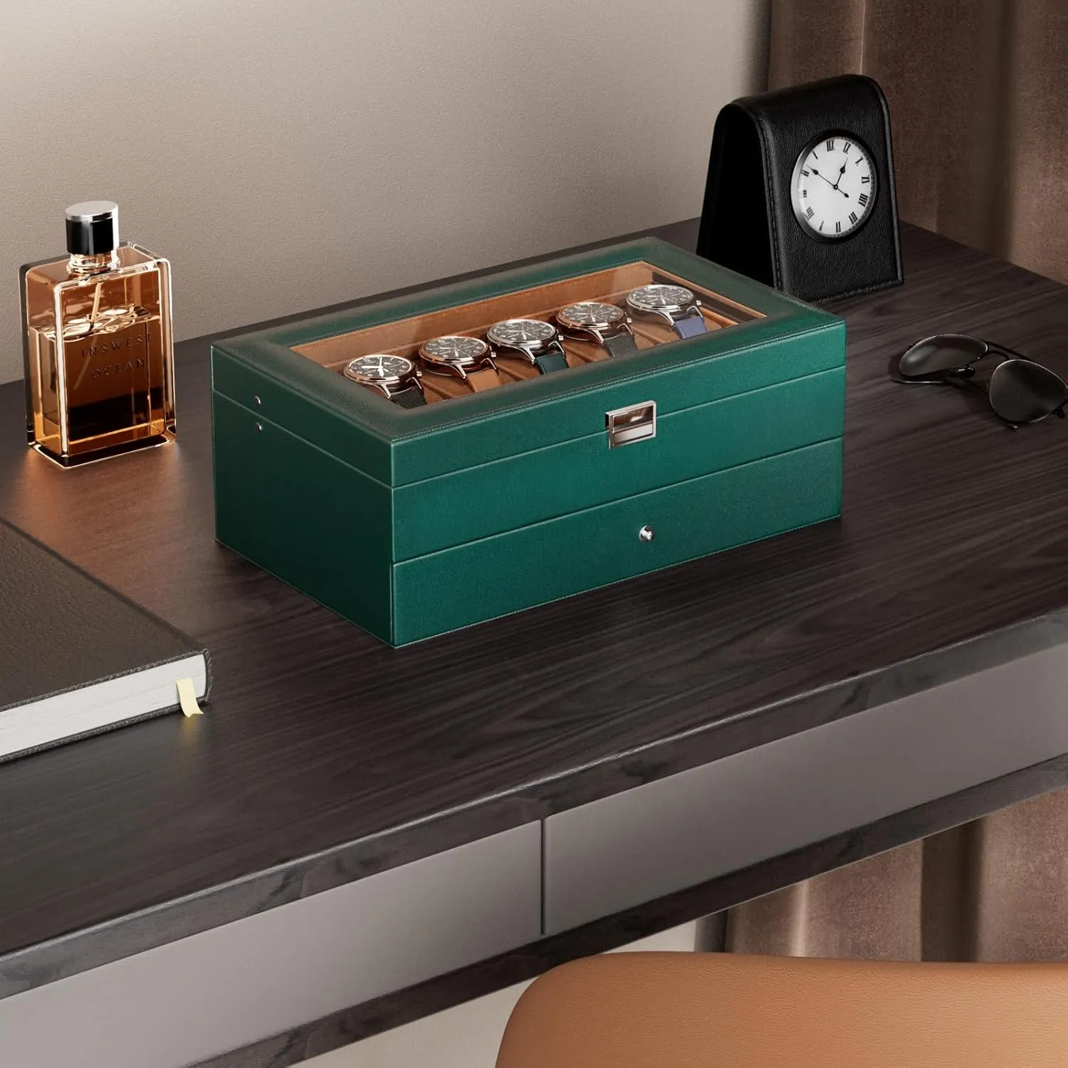 ProCase Watch Box for Men, 12 Slot Mens Watch Case With Drawer, Watch Display Case With Glass Lid, 2-Layer Watch Holder Organizer, Jewelry and Watch Storage for Men Women -12Slot, MidnightGreen