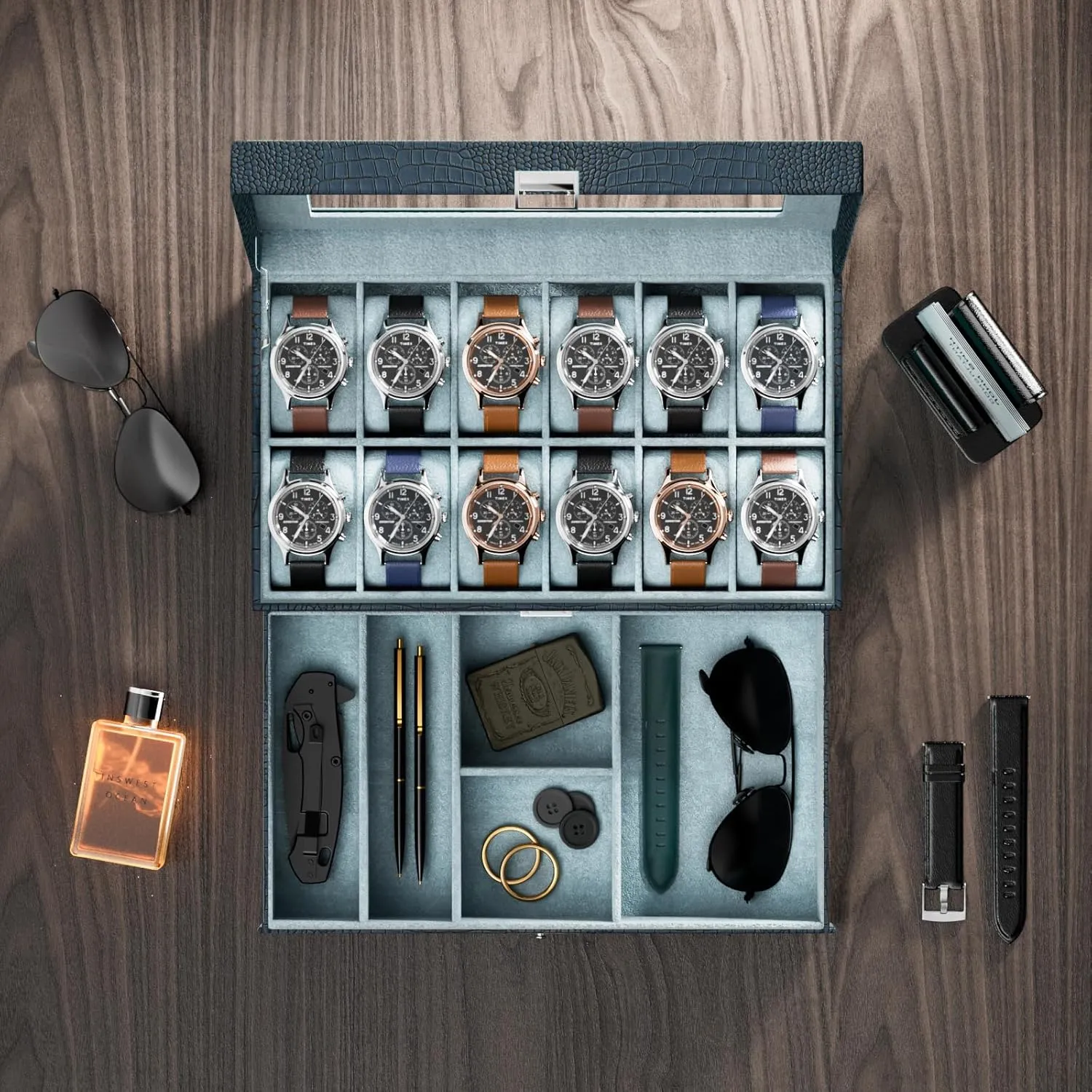 ProCase Watch Box for Men, 12 Slot Mens Watch Case With Drawer, Watch Display Case With Glass Lid, 2-Layer Watch Holder Organizer, Jewelry and Watch Storage for Men Women -12Slot, MidnightGreen