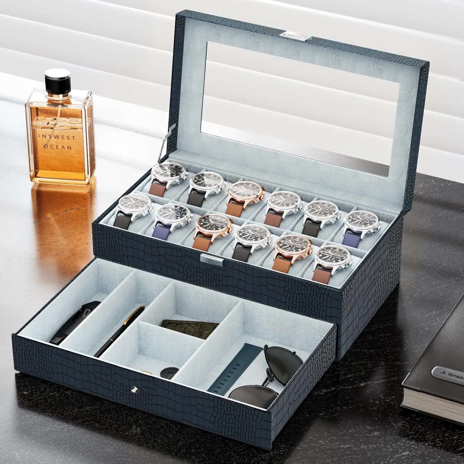 ProCase Watch Box for Men, 12 Slot Mens Watch Case With Drawer, Watch Display Case With Glass Lid, 2-Layer Watch Holder Organizer, Jewelry and Watch Storage for Men Women -12Slot, MidnightGreen