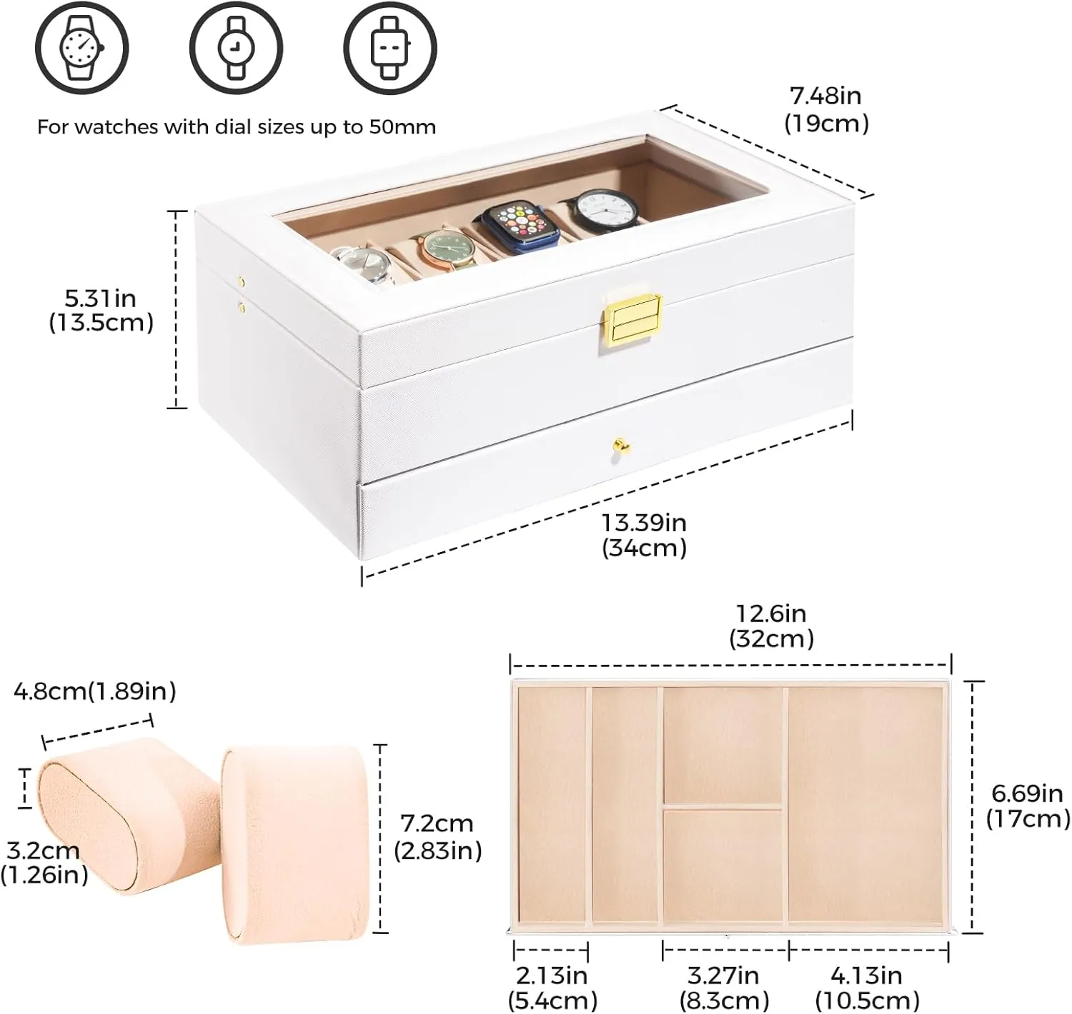 ProCase Watch Box for Men, 12 Slot Mens Watch Case With Drawer, Watch Display Case With Glass Lid, 2-Layer Watch Holder Organizer, Jewelry and Watch Storage for Men Women -12Slot, White
