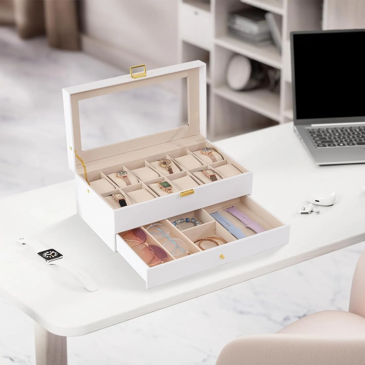 ProCase Watch Box for Men, 12 Slot Mens Watch Case With Drawer, Watch Display Case With Glass Lid, 2-Layer Watch Holder Organizer, Jewelry and Watch Storage for Men Women -12Slot, White
