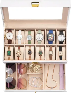 ProCase Watch Box for Men, 12 Slot Mens Watch Case With Drawer, Watch Display Case With Glass Lid, 2-Layer Watch Holder Organizer, Jewelry and Watch Storage for Men Women -12Slot, White