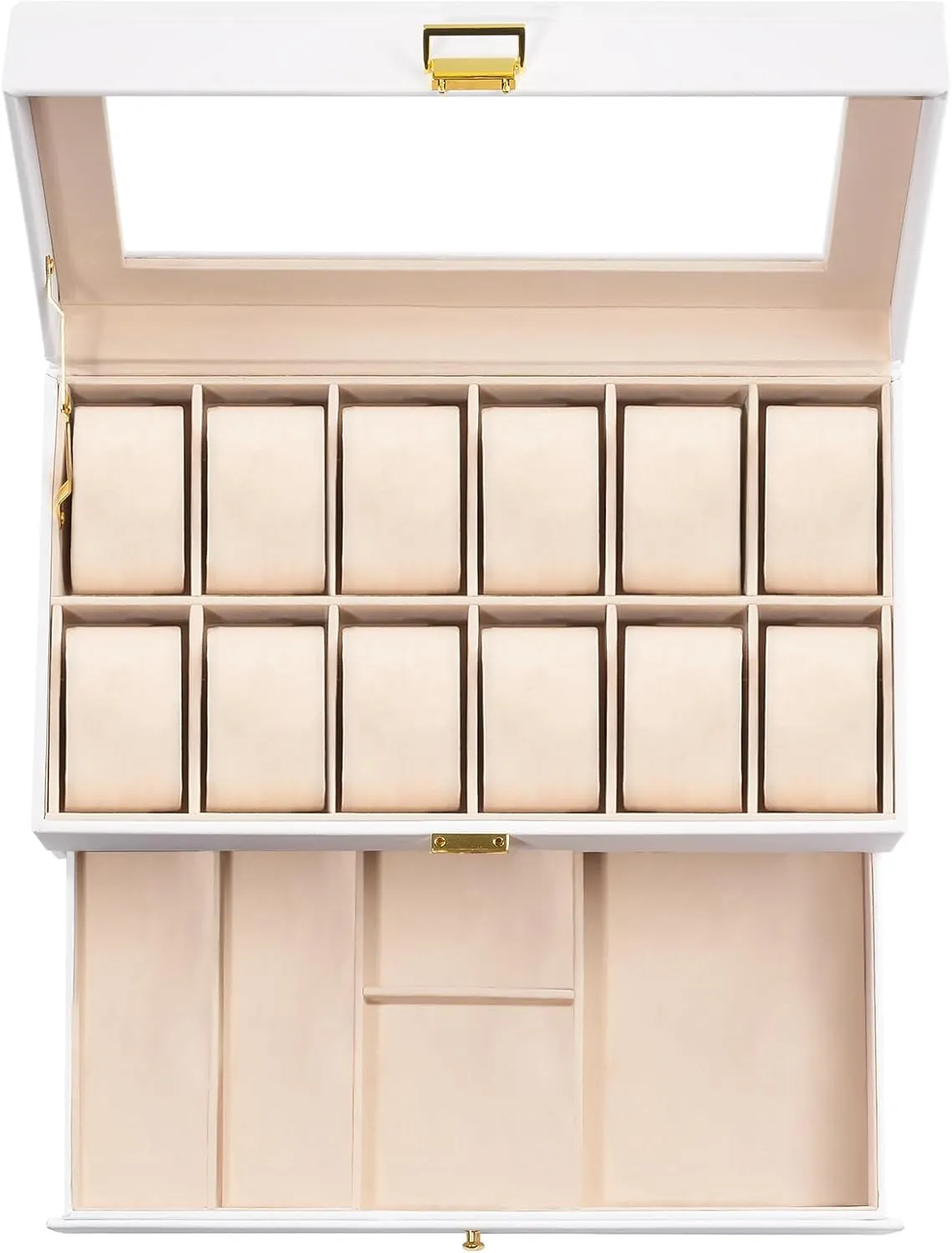 ProCase Watch Box for Men, 12 Slot Mens Watch Case With Drawer, Watch Display Case With Glass Lid, 2-Layer Watch Holder Organizer, Jewelry and Watch Storage for Men Women -12Slot, White