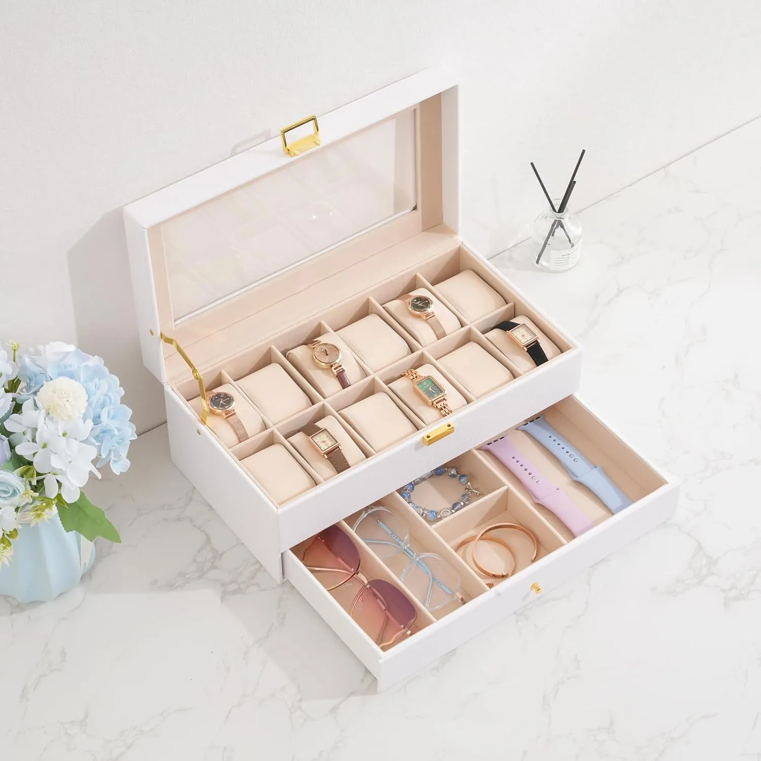 ProCase Watch Box for Men, 12 Slot Mens Watch Case With Drawer, Watch Display Case With Glass Lid, 2-Layer Watch Holder Organizer, Jewelry and Watch Storage for Men Women -12Slot, White