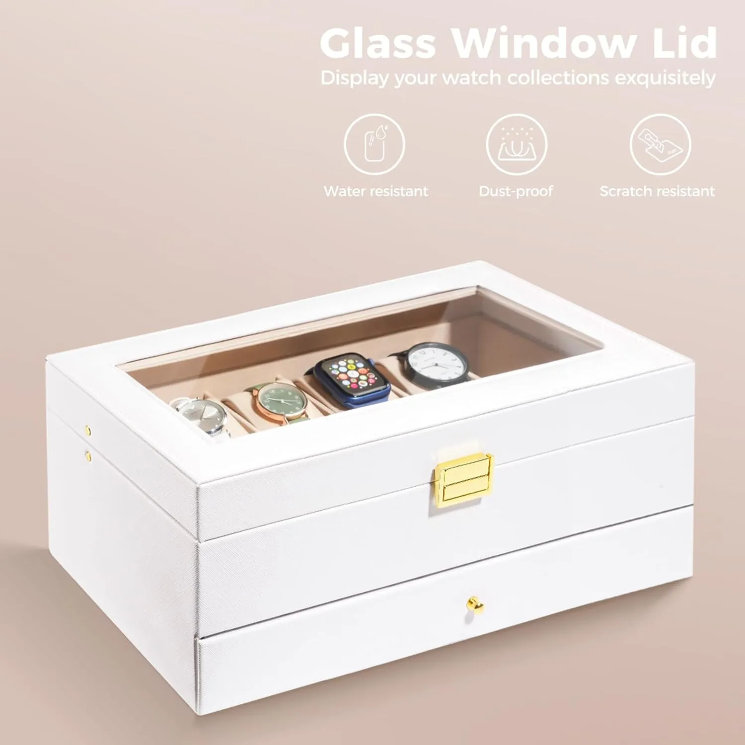 ProCase Watch Box for Men, 12 Slot Mens Watch Case With Drawer, Watch Display Case With Glass Lid, 2-Layer Watch Holder Organizer, Jewelry and Watch Storage for Men Women -12Slot, White