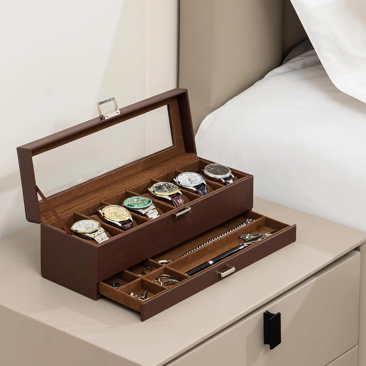 ProCase Watch Box for Men, 6 Slot Watch Display Case with Drawer, Mens Watch Case With Glass Lid, 2-Layer Jewelry and Watch Storage Watch Holder Organizer for Men Women -6 Slot, Espresso