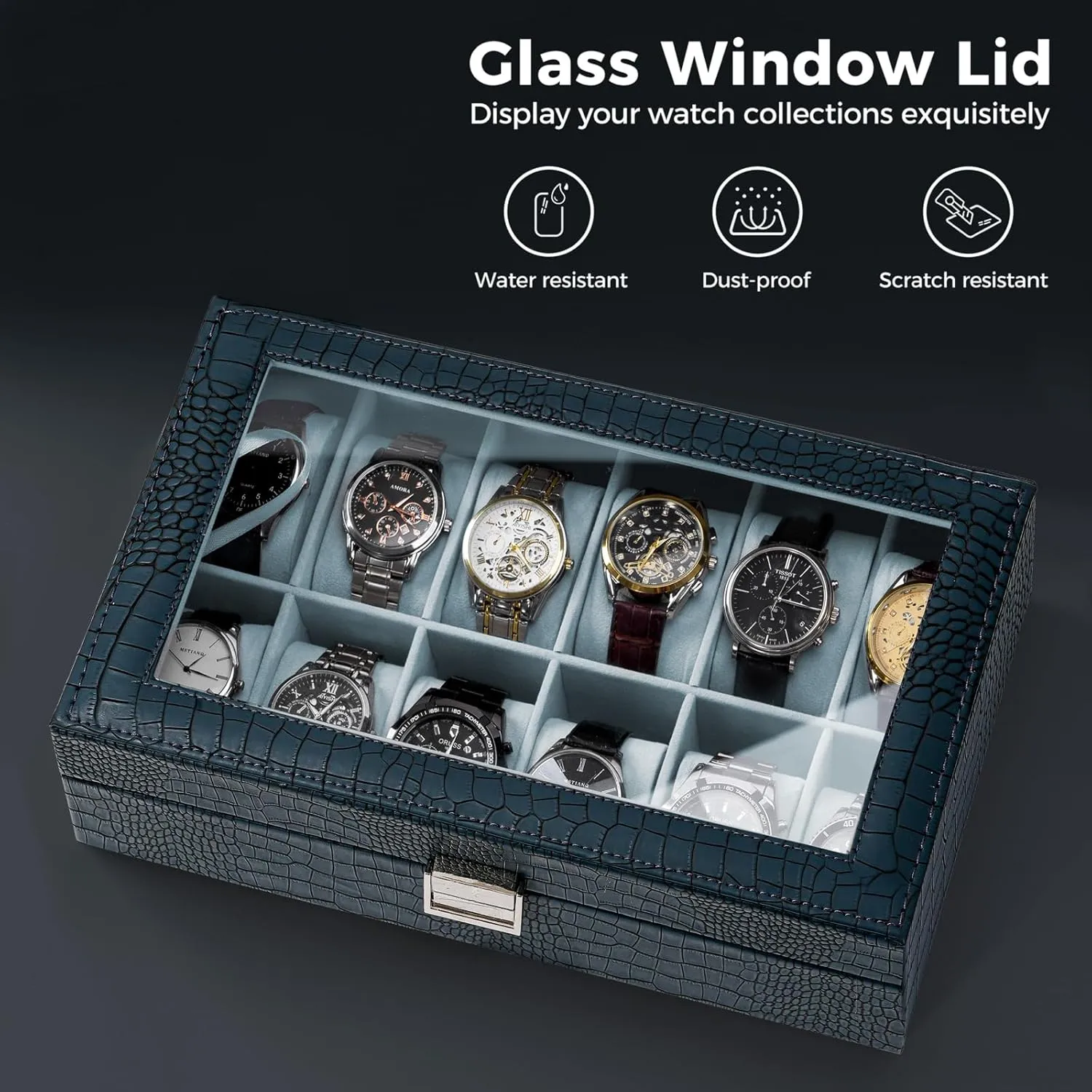 ProCase Watch Box Organizer for Men, 12 Slot Watch Display Case With Glass Lid, PU Leather Watch Storage Mens Watch Case, Watch Holder Organizer Gift for Men Women -12 Slot, CrocCobaltBlue