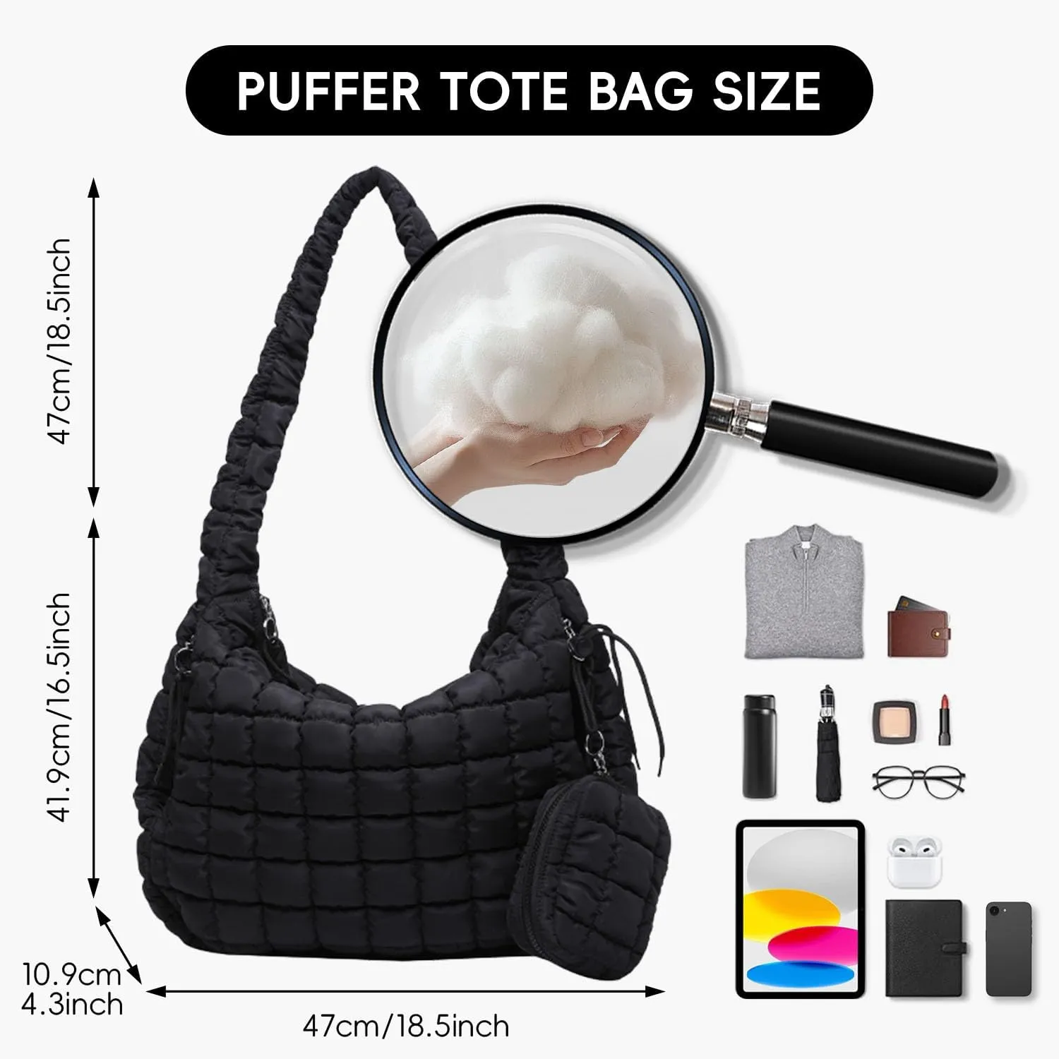 Puffer Tote Bag for Women, Large Quilted Puffer Bag with Pouch, Puffy Quilted Hobo Bag, Puff Crossbody Purse