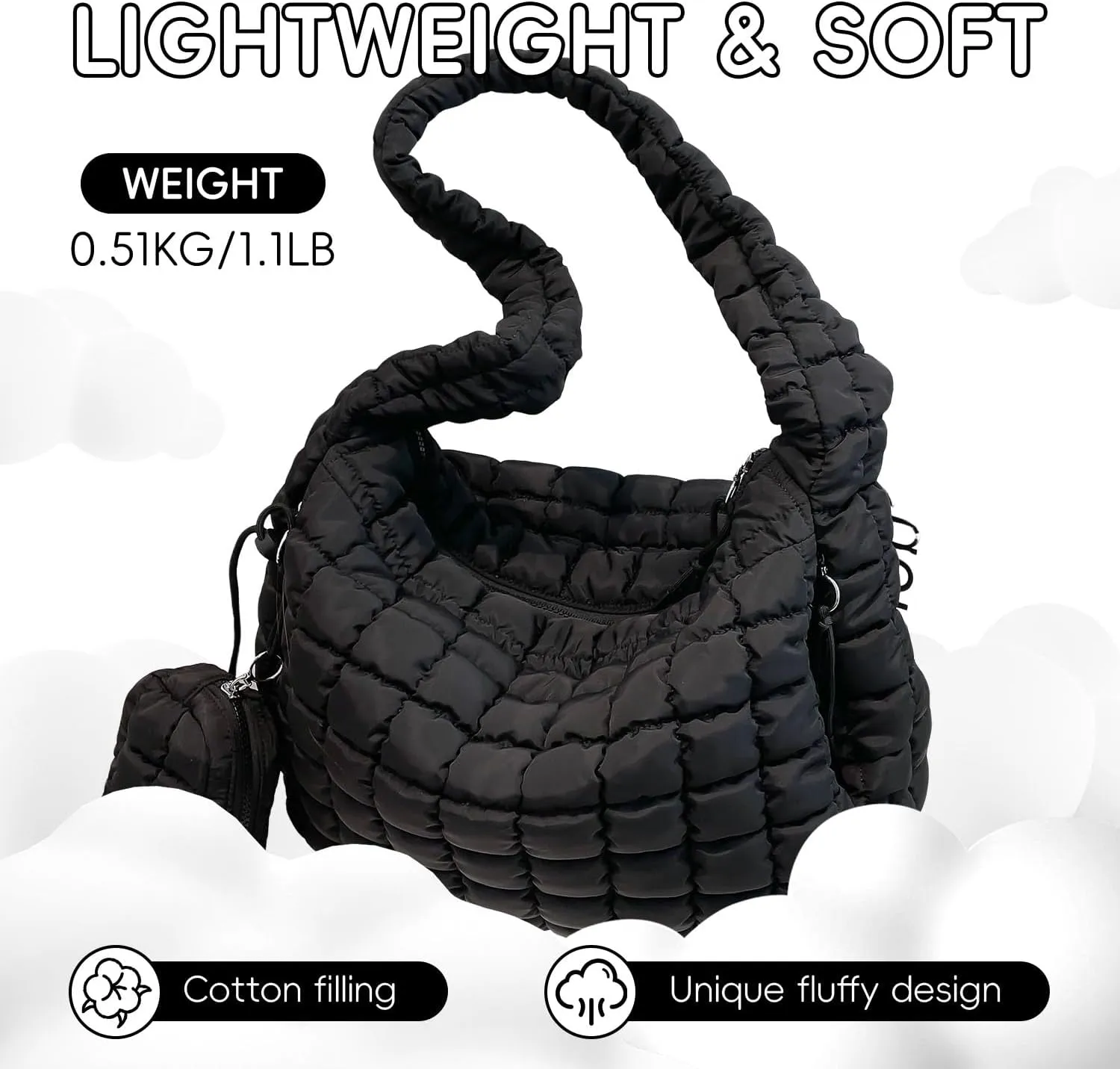 Puffer Tote Bag for Women, Large Quilted Puffer Bag with Pouch, Puffy Quilted Hobo Bag, Puff Crossbody Purse