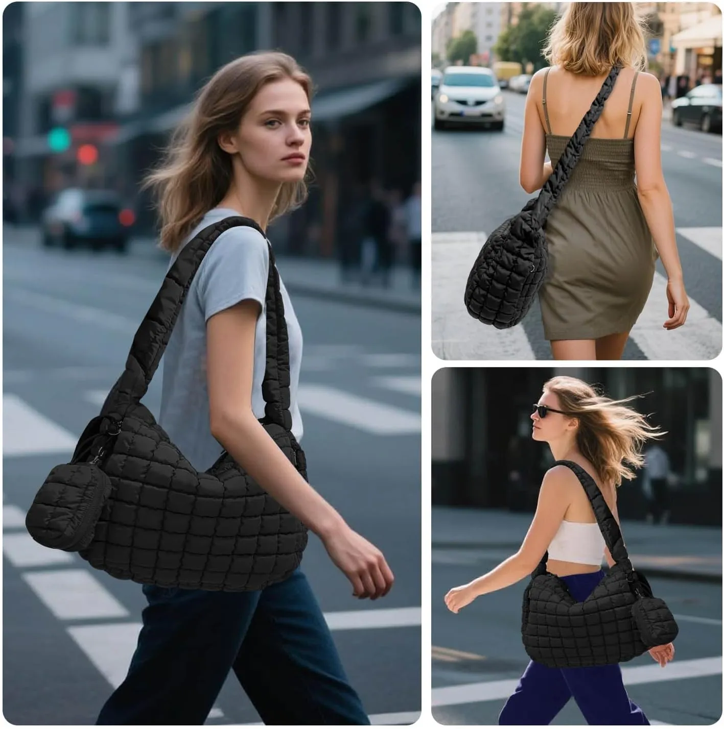 Puffer Tote Bag for Women, Large Quilted Puffer Bag with Pouch, Puffy Quilted Hobo Bag, Puff Crossbody Purse