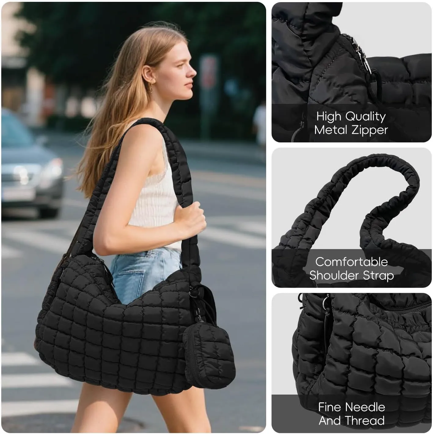 Puffer Tote Bag for Women, Large Quilted Puffer Bag with Pouch, Puffy Quilted Hobo Bag, Puff Crossbody Purse