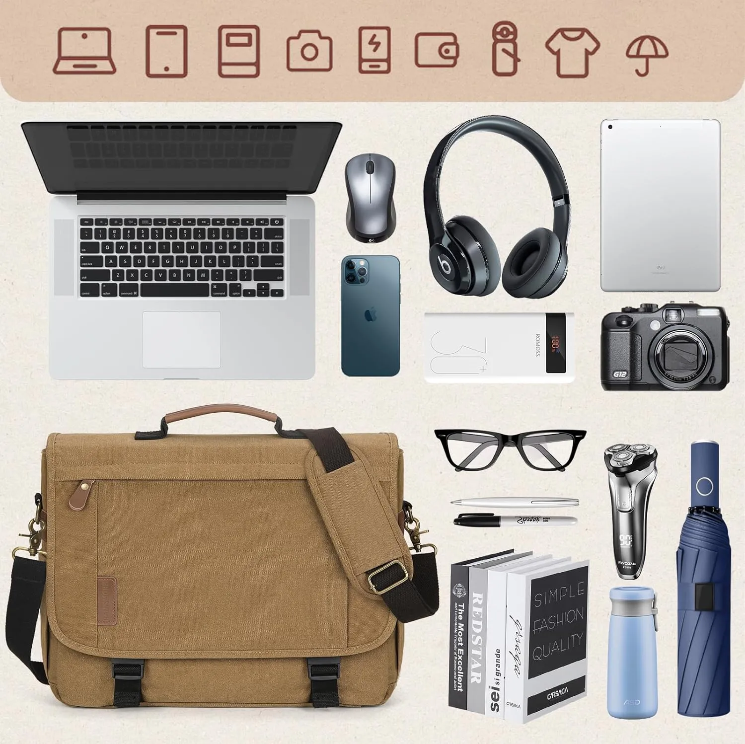 RAINSMORE Messenger Bag for Men 17-17.3 Inch Laptop Bag Water-resistant Canvas Computer Shoulder Bag Office Work Briefcase Large Casual Satchel Bags for Men Bookbag for College, Khaki
