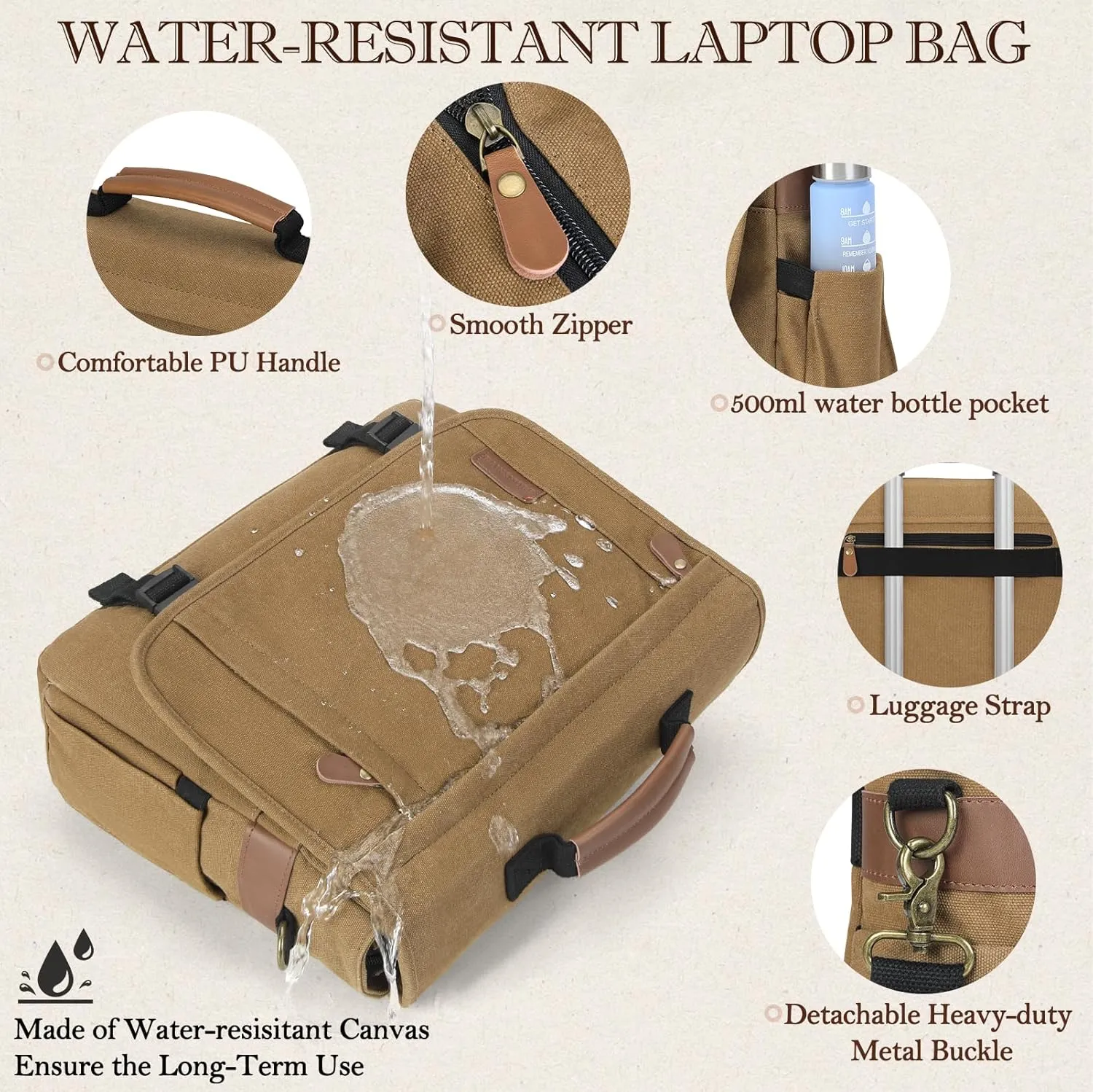RAINSMORE Messenger Bag for Men 17-17.3 Inch Laptop Bag Water-resistant Canvas Computer Shoulder Bag Office Work Briefcase Large Casual Satchel Bags for Men Bookbag for College, Khaki
