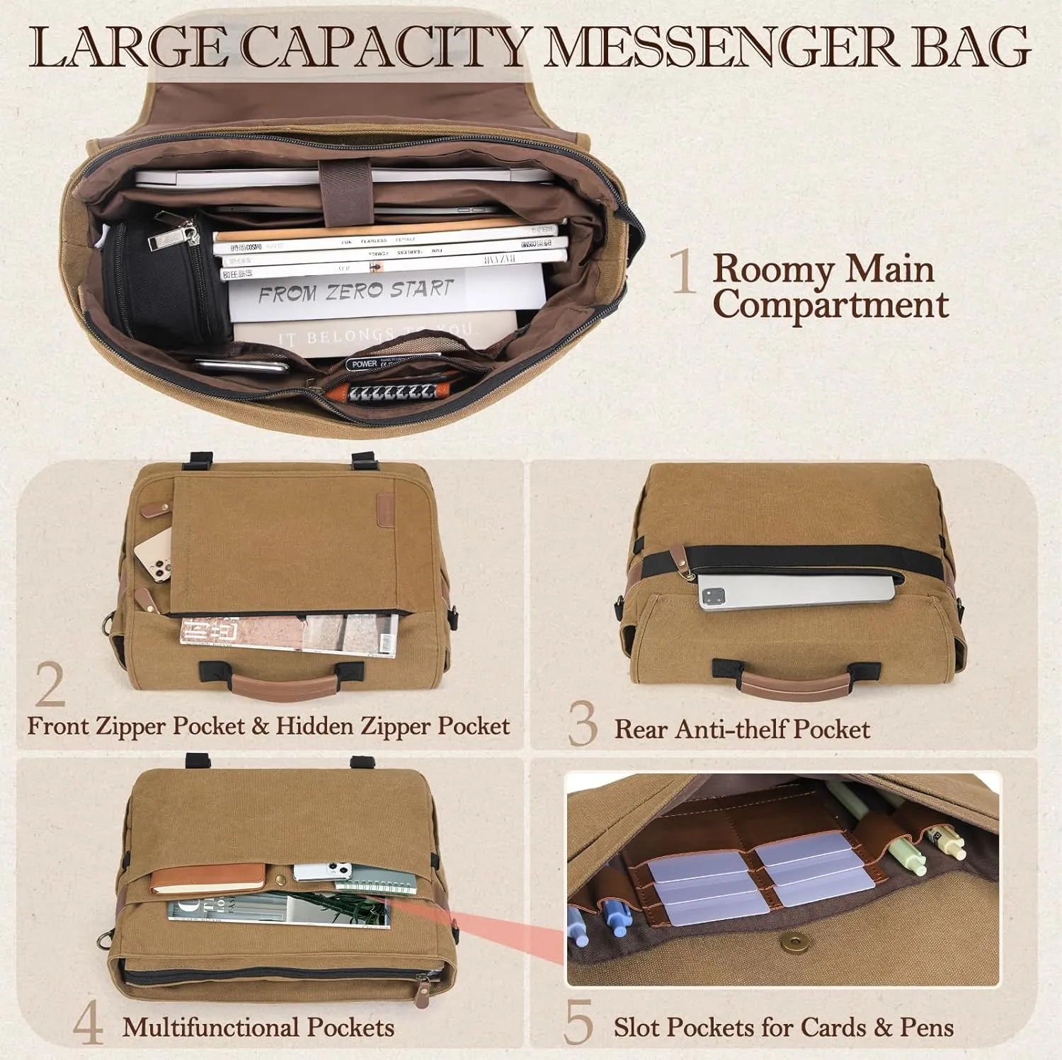 RAINSMORE Messenger Bag for Men 17-17.3 Inch Laptop Bag Water-resistant Canvas Computer Shoulder Bag Office Work Briefcase Large Casual Satchel Bags for Men Bookbag for College, Khaki