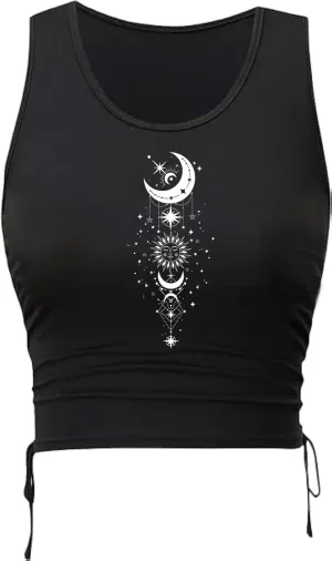 Remidoo Women's Casual Drawstring Graphic Cropped Tank Top Ruched Sleeveless Top Shirt