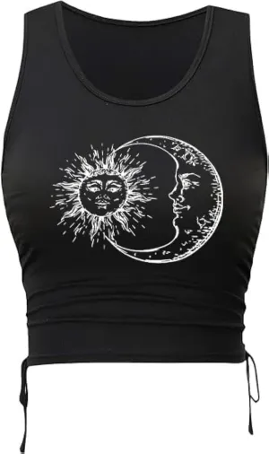 Remidoo Women's Casual Drawstring Graphic Cropped Tank Top Ruched Sleeveless Top Shirt