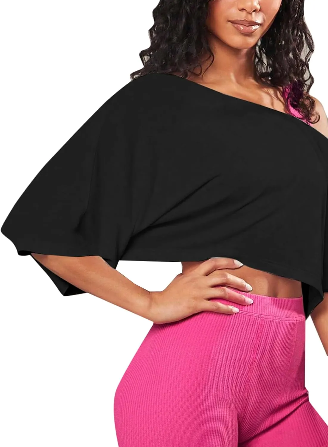 Remidoo Womens Off The Shoulder Top Asymmetrical Neck Short Sleeve Crop Top