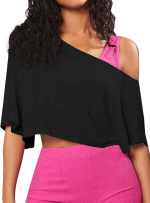 Remidoo Womens Off The Shoulder Top Asymmetrical Neck Short Sleeve Crop Top