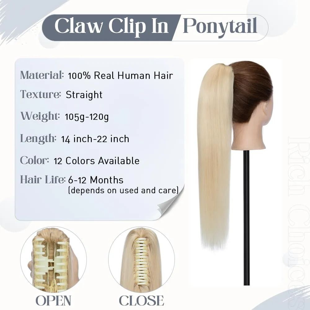 Rich Choices Claw Clip Ponytail Extension Human Hair Real Hair Ponytail Extension Balayage Bleach Blonde 14 Inch 105g One Piece Clip In Long Ponytail Hair Extensions Straight For Women #613