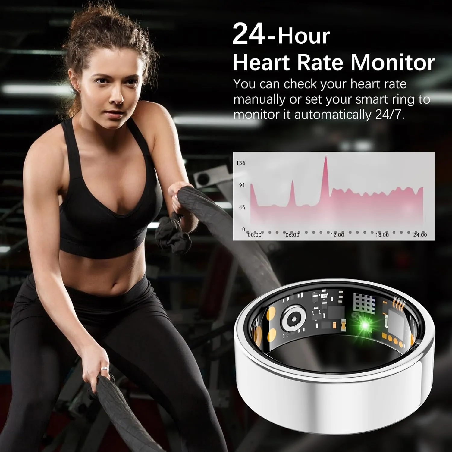 Ring Health Tracker for Women Men, Fit Ring with Heart Rate, Blood Oxygen, Sleep Monitor, Calories, Step Counter, IP68 Waterproof Smart Ring for iPhone & Android, No Subscription Fee (Silver, 10#)