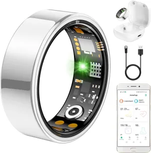 Ring Health Tracker for Women Men, Fit Ring with Heart Rate, Blood Oxygen, Sleep Monitor, Calories, Step Counter, IP68 Waterproof Smart Ring for iPhone & Android, No Subscription Fee (Silver, 10#)