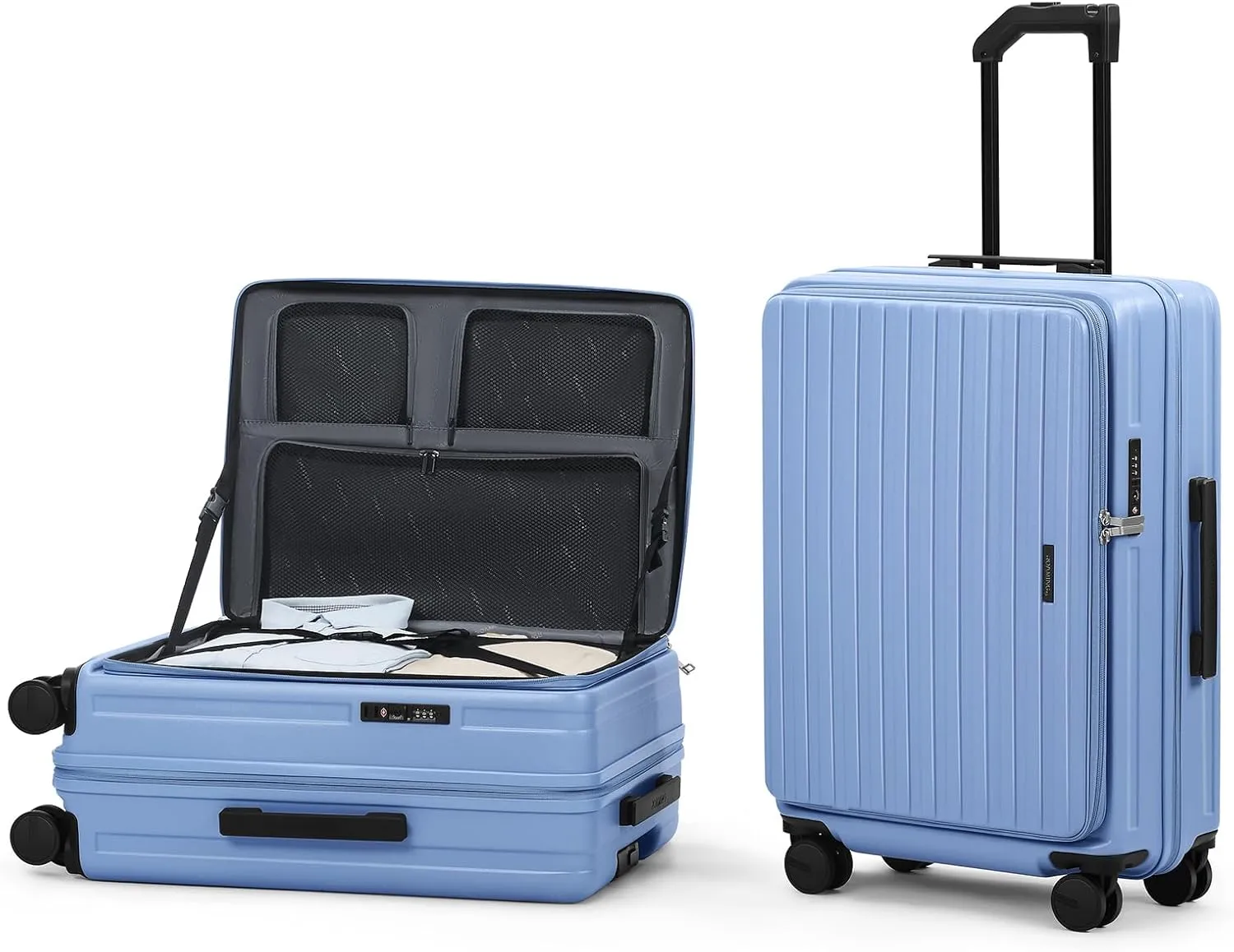 ROAMING 24 Inch Checked Luggage TOP Opening Rolling Suitcase PC hard sided luggage with Spinner Wheels Cup Holder Tsa Lock Specially Designed Ergonomic Pull Rod Handle for Travel Woman Men Blue